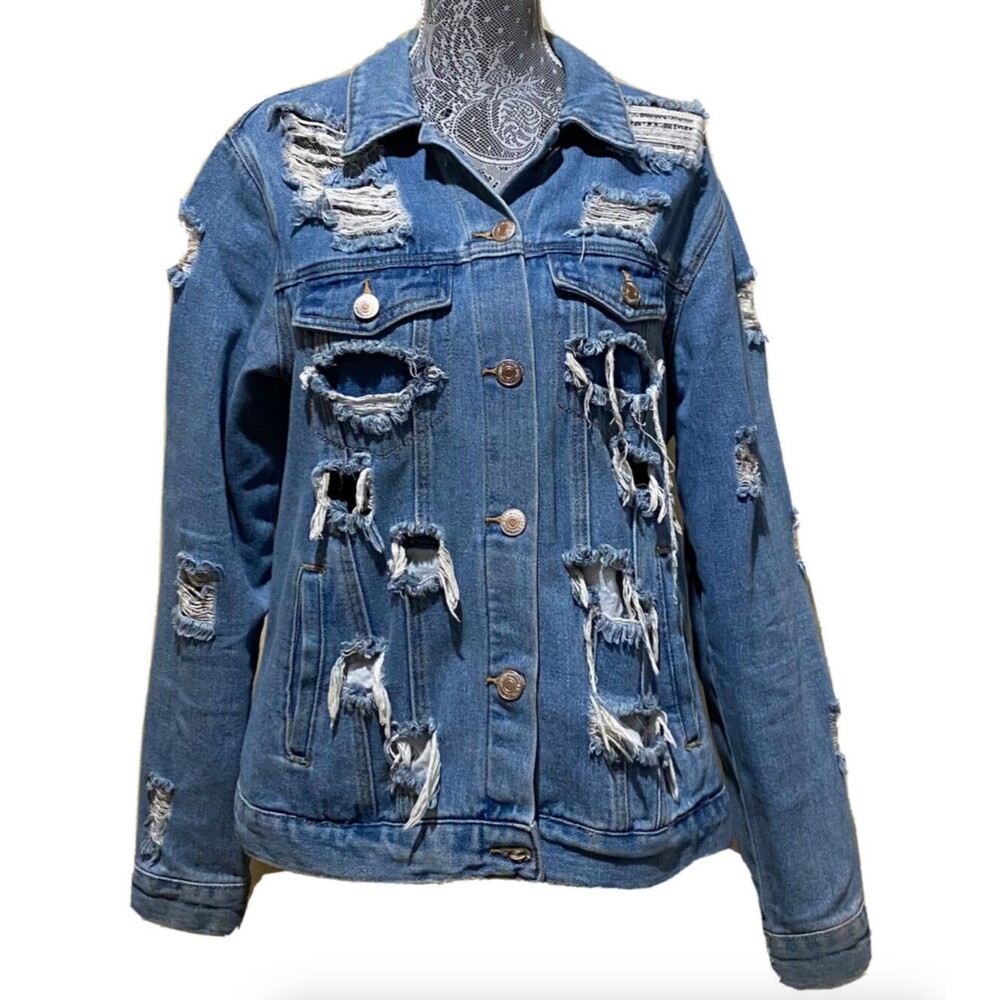Forever 21 Jean Jacket Womens M Hippie Destroyed Denim Retro Trucker Blue Wash